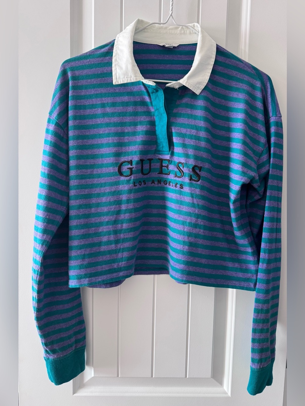 GUESS Striped Rugby Crop Top in Teal, Purple & White